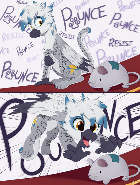 Size: 2010x2665 | Tagged: safe, artist:arcane-thunder, derpibooru import, oc, oc:arcane thunder, unofficial characters only, gryphon, mouse, 2 panel comic, comic, griffonized, high res, image, imminent pounce, male, png, pounce, solo, species swap