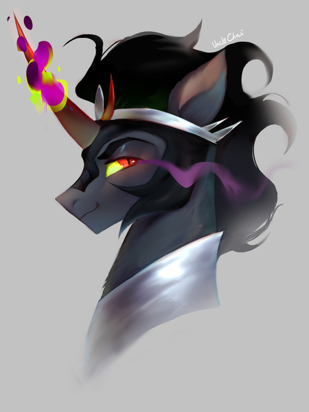 Size: 1080x1440 | Tagged: safe, artist:unclechai, derpibooru import, king sombra, pony, unicorn, dark magic, gray background, horn, image, magic, male, png, simple background, solo, sombra eyes