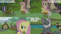 Size: 2000x1125 | Tagged: safe, derpibooru import, edit, edited screencap, editor:quoterific, screencap, angel bunny, barry, fluttershy, smoky, smoky jr., softpad, elephant, snake, g4, she talks to angel, bridge, image, png, river, stool, stream, sweet feather sanctuary, water