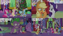 Size: 2000x1125 | Tagged: safe, derpibooru import, edit, edited screencap, editor:quoterific, screencap, applejack, discord, fluttershy, holly the hearths warmer doll, pinkie pie, princess cadance, princess flurry heart, rainbow dash, rarity, shining armor, spike, twilight sparkle, twilight sparkle (alicorn), alicorn, dragon, g4, food, image, mane six, my little pony best gift ever, png, present, pudding, twilight's castle, winged spike, wings