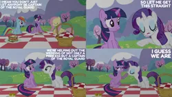 Size: 2000x1125 | Tagged: safe, derpibooru import, edit, edited screencap, editor:quoterific, screencap, fluttershy, rainbow dash, rarity, twilight sparkle, unicorn, a canterlot wedding, g4, basket, food, image, picnic basket, picnic blanket, png, sandwich, unicorn twilight