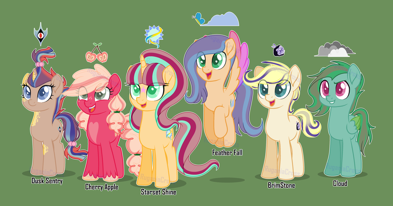 Size: 5083x2671 | Tagged: safe, artist:ruganiacross, derpibooru import, oc, oc:brimstone, oc:cherry apple, oc:cloud, oc:dusk sentry, oc:feather fal, oc:starset shine, unofficial characters only, earth pony, pegasus, pony, unicorn, base used, coat markings, female, freckles, green background, horn, image, magical lesbian spawn, mare, name, next generation, offspring, parent:applejack, parent:big macintosh, parent:flash sentry, parent:fluttershy, parent:moondancer, parent:pinkie pie, parent:rainbow dash, parent:rarity, parent:starlight glimmer, parent:sunset shimmer, parents:flashdancer, parents:flutterdash, parents:pinkiemac, parents:rarijack, parents:shimmerglimmer, png, simple background