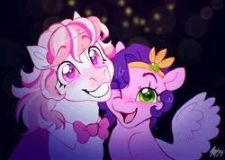 Size: 1922x1368 | Tagged: safe, artist:catmintyt, derpibooru import, pipp petals, horse, pegasus, pony, g5, bowtie, candi (wild manes), crossover, duo, image, jpeg, smiling, wild manes