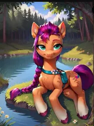 Size: 469x627 | Tagged: safe, derpibooru import, machine learning generated, sunny starscout, g5, forest, image, jpeg, nature, river, sky, tree, water, younger