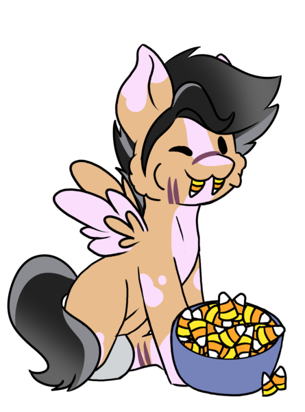 Size: 1363x1836 | Tagged: safe, artist:noxi1_48, derpibooru import, oc, oc:alexia, unofficial characters only, pegasus, pony, black sclera, candy, candy bowl, candy corn, chipmunk cheeks, cute, fangs, fluffy mane, food, halloween, holiday, image, looking at you, nightmare night, one eye closed, png, silly, silly pony, simple background, solo, spread wings, transparent background, wings, wink, winking at you