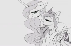 Size: 2780x1811 | Tagged: safe, artist:magnaluna, derpibooru import, princess celestia, princess luna, alicorn, pony, g4, collar, crown, duo, duo female, ear fluff, eyes closed, female, folded wings, grayscale, horn, image, jewelry, jpeg, mare, monochrome, open mouth, open smile, peytral, profile, regalia, royal sisters, siblings, side view, sisters, smiling, wings