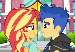 Size: 1074x742 | Tagged: safe, artist:3d4d, derpibooru import, flash sentry, sunset shimmer, human, equestria girls, g4, canterlot high, duo, duo male and female, female, flashimmer, image, looking at each other, looking at someone, male, png, shipping, smiling, straight