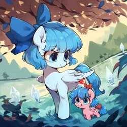 Size: 1024x1024 | Tagged: safe, ai content, derpibooru import, machine learning generated, prompter:imperishableneet, stable diffusion, ponified, pegasus, pony, bow, cirno, duo, female, filly, foal, generator:pony diffusion v6 xl, hair bow, hat, ice, image, lake, mare, mother and child, mother and daughter, png, solo, tail, tail bow, touhou, water