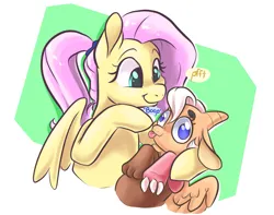 Size: 2039x1610 | Tagged: safe, artist:smirk, derpibooru import, fluttershy, oc, oc:lamb bell, hybrid, pony, :p, boop, draconequus hybrid, duo, female, foal, hair up, hybrid oc, image, interspecies offspring, mother and child, mother and daughter, offspring, parent:discord, parent:fluttershy, parents:discoshy, png, simple background, tongue out, wall eyed