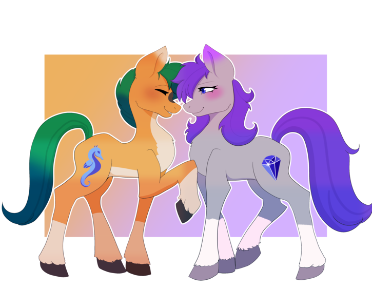 Size: 3837x3176 | Tagged: safe, artist:sagegreenpossum, derpibooru import, oc, oc:glitter stone, oc:skyena, unofficial characters only, earth pony, pony, seahorse, g4, g5, artfight, artfight 2024, blue eyes, blushing, coat markings, couple, cute, diamond, diamond cutie mark, digital art, duo, duo female, earth pony oc, eyes closed, female, femare, full body, green hair, green mane, green tail, hair over one eye, happy, image, lesbian, mare, markings, nose to nose, not hitch trailblazer, not maud pie, not rarity, png, purple mane, purple tail, raised hoof, side view, simple background, smiling, socks (coat marking), tail, tomboy, transparent background, wholesome