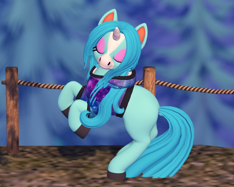 Size: 1262x1009 | Tagged: safe, artist:mosssong, derpibooru import, ponified, pony, unicorn, 3d, animal crossing, clothes, crossover, eyes closed, eyeshadow, femboy, hoodie, horn, image, julian (animal crossing), makeup, male, open pony, png, rearing, second life, solo, stallion