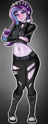 Size: 353x900 | Tagged: safe, artist:nolyanimeid, derpibooru import, starlight glimmer, human, equestria girls, g4, belly, belly button, black background, clothes, eyeshadow, goth, gradient background, headband, image, jeans, jpeg, looking at you, makeup, pants, ripped jeans, ripped pants, simple background, solo, torn clothes