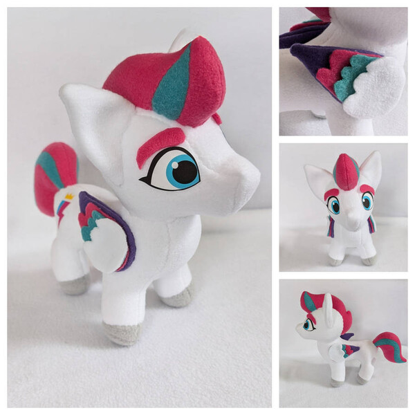 Size: 894x894 | Tagged: safe, artist:fleecefriendship, derpibooru import, zipp storm, pegasus, pony, g5, big eyebrows, colored wings, cute, female, folded wings, image, jpeg, mare, multicolored wings, photo, plushie, royalty, simple background, solo, white background, wings