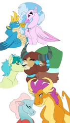 Size: 827x1458 | Tagged: safe, artist:jinx32297, derpibooru import, gallus, ocellus, sandbar, silverstream, smolder, yona, fangs, female, gallstream, image, jewelry, jpeg, kissing, lesbian, male, necklace, older, older gallus, older ocellus, older sandbar, older silverstream, older smolder, older yona, ship:smolcellus, shipping, simple background, smolcellus, straight, student six, white background, yonabar