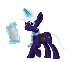 Size: 2448x2048 | Tagged: safe, artist:quantum infinitely, derpibooru import, oc, oc:night blaze, unofficial characters only, pony, unicorn, backpack, clothes, cyan eyes, horn, image, magic, male, male oc, png, purple coat, scarf, simple background, solo, stallion, telekinesis, white mane