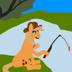 Size: 1400x1400 | Tagged: safe, artist:goofyartist4451, derpibooru import, applejack, 1000 hours in ms paint, fishing, fishing rod, goofy, green eyes, image, lake, png, sitting, solo, water