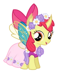 Size: 374x484 | Tagged: safe, artist:arkogon, derpibooru import, apple bloom, changeling, pony, apple bloom's bow, bow, changelingified, clothes, dress, female, filly, flower filly, flower girl, flower girl dress, foal, hair bow, image, png, smiling, solo, solo female, species swap, vector