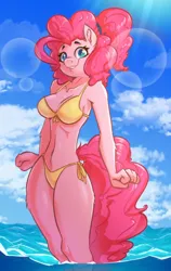 Size: 2360x3736 | Tagged: safe, artist:witchtaunter, derpibooru import, pinkie pie, anthro, earth pony, g4, beach, bikini, clothes, commission, female, image, looking at you, ocean, png, side-tie bikini, skinny, sky, slender, smiling, smiling at you, solo, swimsuit, thin, water, yellow bikini