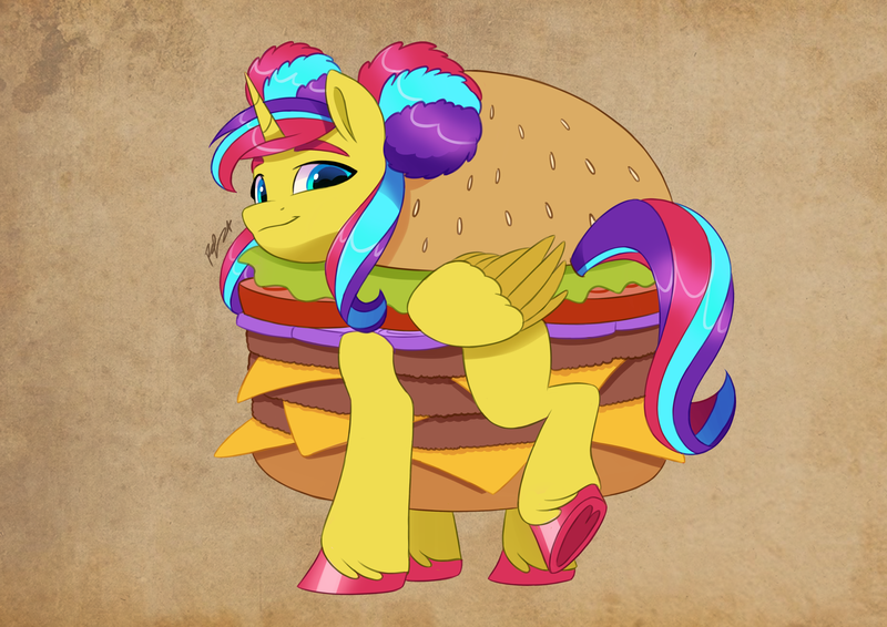 Size: 4961x3508 | Tagged: safe, artist:haruh_ink, derpibooru import, oc, unofficial characters only, alicorn, pony, burger, burger costume, cheeseburger, cheeseburger costume, clothes, costume, food, food costume, hamburger, image, png, solo