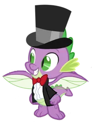 Size: 375x500 | Tagged: safe, artist:arkogon, derpibooru import, spike, changeling, dragon, changeling dragon, changelingified, clothes, grin, hat, image, male, png, ring bearer, smiling, solo, species swap, suit, top hat, vector, winged spike, wings