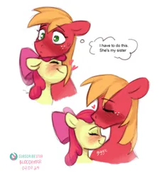 Size: 2868x3140 | Tagged: suggestive, artist:bloodymrr, derpibooru import, apple bloom, big macintosh, earth pony, pony, age difference, applecest, blushing, brother and sister, comic, dialogue, duo, duo male and female, female, foalcon, freckles, heart, image, implied sex, implied sweetiemac, incest, male, png, ship:macbloom, shipping, shy, siblings, simple background, size difference, straight, underage, white background, wingding eyes