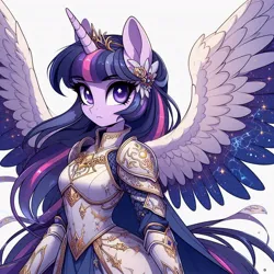 Size: 1024x1024 | Tagged: safe, ai content, derpibooru import, machine learning generated, prompter:glimmy-glam, twilight sparkle, anthro, g4, armor, breastplate, breasts, clothes, concept art, constellation, flower, flower in hair, generator:dall-e 3, image, jewelry, jpeg, looking at you, pauldron, simple background, solo, spread wings, standing, stars, tiara, wings
