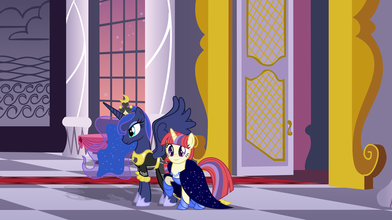 Size: 4624x2604 | Tagged: safe, artist:osipush, artist:sidorovich, artist:zacatron94, derpibooru import, moondancer, princess luna, alicorn, pony, unicorn, cape, clothes, coronation dress, date, dialogue in the description, dress, duo, female, grand galloping gala, heroes of might and magic, horn, image, lesbian, luna's ceremonial crown, lunadancer, mare, png, ponies of flight and magic, raised hoof, recolor, shipping, spread wings, wings