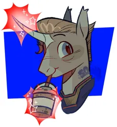 Size: 1191x1301 | Tagged: safe, artist:angry_squid_, derpibooru import, ponified, alicorn, pony, clothes, crossover, drink, drinking, drinking straw, glow, glowing horn, homelander, horn, image, jpeg, magic, male, markings, milkshake, shirt, solo, stallion, superhero, the boys