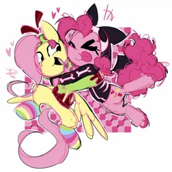 Size: 1454x1456 | Tagged: safe, artist:appledash3r_, derpibooru import, fluttershy, pinkie pie, earth pony, pegasus, pony, ><, abstract background, antonymph, checkered background, clothes, costume, duo, duo female, emanata, eyes closed, female, fluttgirshy, gir, heart, image, invader zim, jpeg, lesbian, open mouth, open smile, rainbow socks, ship:flutterpie, shipping, smiling, socks, striped socks, tongue out, vylet pony, xp