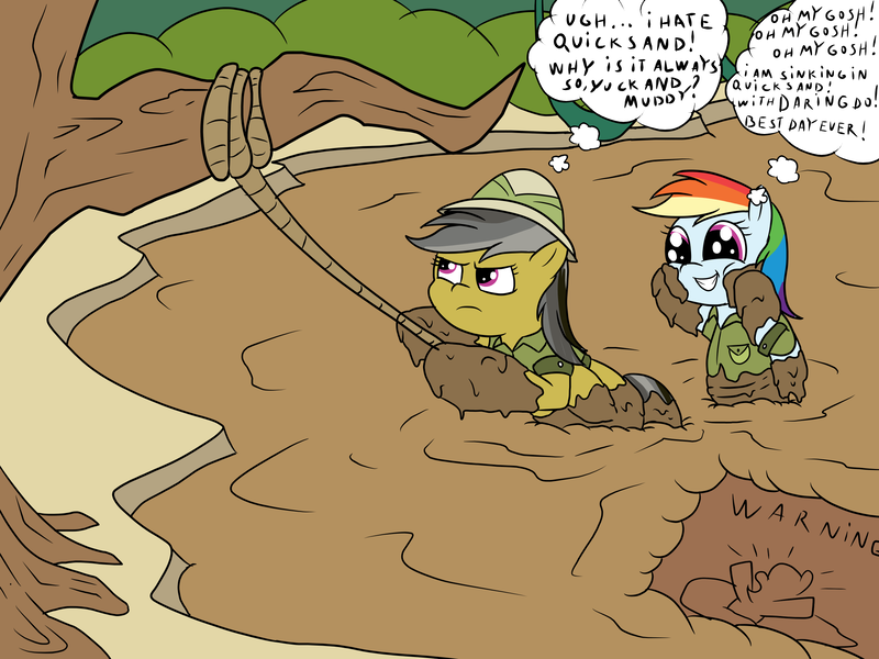 Size: 2400x1800 | Tagged: safe, artist:amateur-draw, derpibooru import, daring do, rainbow dash, pegasus, pony, annoyed, big eyes, clothes, duo, duo female, explorer outfit, female, forest, hat, image, jungle, mare, mud, muddy, nature, png, puppy dog eyes, quicksand, rope, sign, sinking, tree, tree branch, unamused