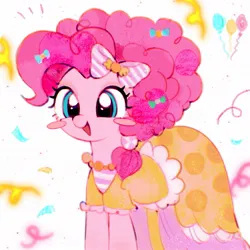 Size: 1080x1080 | Tagged: safe, artist:azhiichigo, derpibooru import, pinkie pie, earth pony, pony, bow, clothes, dress, female, hair bow, image, jpeg, mare, open mouth, simple background, smiling, solo, white background