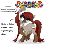 Size: 2700x2000 | Tagged: safe, artist:scandianon, derpibooru import, oc, oc:konic polski, ponified, unofficial characters only, earth pony, pony, bedroom eyes, bow, bragging, braid, clothes, coat markings, eye clipping through hair, eyeshadow, facial markings, female, hair bow, hoof polish, image, jpeg, lipstick, long mane, long tail, looking at you, makeup, mare, nation ponies, poland, polish, raised hoof, socks (coat marking), tail, talking, talking to viewer, vulgar