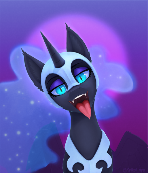 Size: 2165x2527 | Tagged: safe, artist:kviksi, derpibooru import, nightmare moon, pony, g4, female, gradient background, image, looking at you, open mouth, png, solo, tongue out