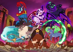 Size: 1414x1000 | Tagged: safe, artist:melspyrose, artist:zetikoopa, derpibooru import, grogar, oc, oc:draven la fay/no heart, bull, deer, dragon, hybrid, longma, reindeer, sheep, them's fightin' herds, baihe (tfh), community related, female, fight, ice, image, magic, male, nidra (tfh), png, ram, stronghoof hoofstrong (tfh), tapir, texas (tfh)