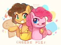 Size: 2477x1858 | Tagged: safe, artist:breeze, derpibooru import, cheese sandwich, pinkie pie, earth pony, pony, clothes, female, grin, image, male, mare, one eye closed, png, shirt, simple background, smiling, stallion, text, white background, wink