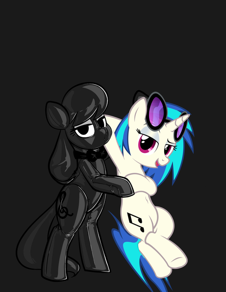 Size: 2550x3300 | Tagged: safe, artist:belaboy, artist:mrlolcats17, edit, editor:anonymous, octavia melody, vinyl scratch, earth pony, pony, unicorn, /mlp/ latex requests, bedroom eyes, belly button, bipedal, bondage, bow, bowtie, cutie mark, dark, encasement, female, gray background, hood, hoof hold, horn, image, latex, latex suit, leaning, mare, open mouth, png, seams, shitposting, simple background, sunglasses, vector