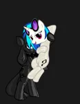 Size: 2550x3300 | Tagged: safe, artist:belaboy, artist:mrlolcats17, edit, editor:anonymous, octavia melody, vinyl scratch, earth pony, pony, unicorn, /mlp/ latex requests, armpits, bedroom eyes, belly button, bipedal, bondage, bow, bowtie, dark, encasement, female, gray background, holding a pony, hood, hoof hold, horn, image, latex, latex suit, leaning, mare, masking, no tail, open mouth, png, seams, shitposting, simple background, sunglasses, vector