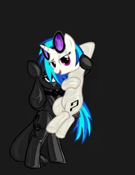 Size: 2550x3300 | Tagged: safe, alternate version, artist:belaboy, artist:mrlolcats17, edit, editor:anonymous, octavia melody, vinyl scratch, earth pony, pony, unicorn, /mlp/ latex requests, armpits, bedroom eyes, belly button, bipedal, bondage, bow, bowtie, cutie mark, dark, encasement, female, gray background, holding a pony, hood, hoof hold, horn, image, latex, latex suit, leaning, mare, masking, open mouth, png, seams, shitposting, simple background, sunglasses, vector