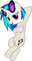 Size: 1079x2051 | Tagged: safe, artist:mrlolcats17, edit, editor:anonymous, vinyl scratch, pony, unicorn, /mlp/ latex requests, armpits, bedroom eyes, belly button, female, hooves, horn, image, latex, latex suit, lying down, mare, masking, no tail, open mouth, png, seams, simple background, solo, sunglasses, transparent background, vector