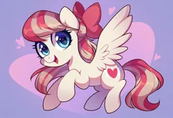 Size: 1600x1095 | Tagged: prompter needed, source needed, safe, ai content, derpibooru import, machine learning generated, angel wings, pegasus, bow, hair bow, heart, heart background, image, png, solo