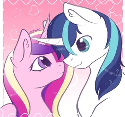 Size: 1500x1400 | Tagged: safe, artist:maravor, derpibooru import, princess cadance, shining armor, alicorn, pony, unicorn, g4, boop, crossed horns, female, gradient background, heart, horn, horns are touching, image, looking at each other, looking at someone, looking into each others eyes, male, mare, noseboop, pink background, png, ship:shiningcadance, shipping, simple background, smiling, smiling at each other, snuggling, stallion, straight