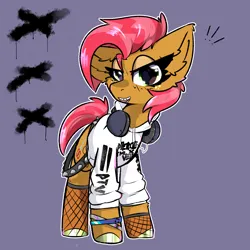 Size: 2000x2000 | Tagged: safe, artist:jubyskylines, derpibooru import, babs seed, earth pony, pony, clothes, exclamation point, fishnet clothing, fishnets, headphones, hoodie, image, open mouth, open smile, png, sharp teeth, smiling, socks, solo, spiked belt, stockings, teeth, thigh highs