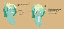 Size: 2432x1108 | Tagged: safe, artist:nightcorelights, derpibooru import, oc, oc:grave mistakes, pegasus, blushing, braces, covering mouth, dialogue, digital art, embarrassed, exclamation point, fanart, female, hooves, image, png, quick draw, smiling, teeth