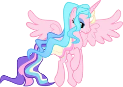 Size: 9320x6618 | Tagged: safe, artist:shootingstarsentry, derpibooru import, oc, oc:vega, unofficial characters only, alicorn, pony, absurd resolution, alicorn oc, base used, blue eyes, blue eyeshadow, blue mane, eyelashes, eyeshadow, female, female oc, flowing mane, flowing tail, horn, image, large wings, lidded eyes, long horn, long legs, long mane, long tail, looking down, makeup, mare, mare oc, multicolored mane, multicolored tail, pink coat, png, profile, purple tail, show accurate, simple background, slender, smiling, solo, spread wings, tail, thin, transparent background, vector, wavy mane, wavy tail, wings