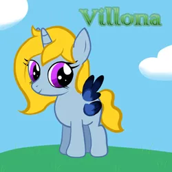 Size: 894x894 | Tagged: safe, artist:jen-joyce, derpibooru import, oc, oc:villona, unofficial characters only, alicorn, pony, alicorn oc, base used, black wingtips, blonde mane, blonde tail, blue coat, colored wings, colored wingtips, eyelashes, female, filly, foal, four wings, gradient wingtips, grass, green text, horn, image, jpeg, multicolored wings, multiple wings, outdoors, purple eyes, requested art, sky background, solo, standing, tail, text, two toned wings, two toned wingtips, unicorn horn, wavy tail, wings