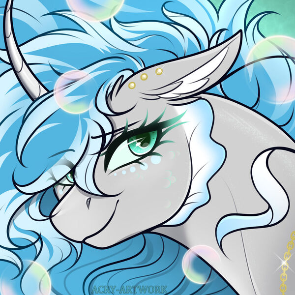 Size: 1280x1280 | Tagged: safe, artist:acry-artwork, derpibooru import, oc, unofficial characters only, pony, seapony (g4), unicorn, blue mane, bubble, crepuscular rays, curved horn, digital art, ear fluff, eyelashes, flowing mane, green eyes, horn, image, jpeg, looking at you, ocean, scales, seaponified, smiling, smiling at you, solo, species swap, sunlight, swimming, underwater, water