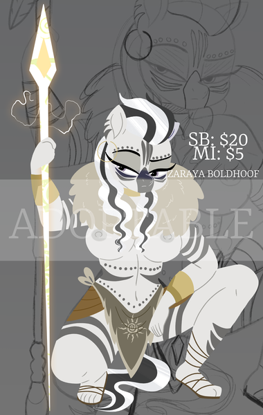 Size: 2500x3952 | Tagged: questionable, artist:bearmation, derpibooru import, oc, oc:zaraya boldhoof, unofficial characters only, anthro, plantigrade anthro, zebra, adoptable, big breasts, bracer, breasts, clothes, ear piercing, earring, female, gray background, high res, hooped earrings, image, jewelry, kneeling, lidded eyes, loincloth, nipples, nudity, obtrusive watermark, partial nudity, piercing, png, sandals, simple background, solo, solo female, spear, topless, watermark, weapon, zebra oc