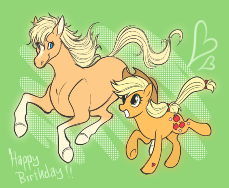 Size: 1540x1266 | Tagged: safe, artist:expectationemesis, derpibooru import, applejack, oc, earth pony, horse, pony, g4, birthday gift, duo, female, galloping, gift art, green background, halftone, handwriting, heart, hoof heart, horse-pony interaction, image, looking at each other, looking at someone, non-mlp oc, open mouth, open smile, palomino, png, running, scribble, semi-realistic, simple background, smiling, tail, underhoof, wind, windswept mane, windswept tail