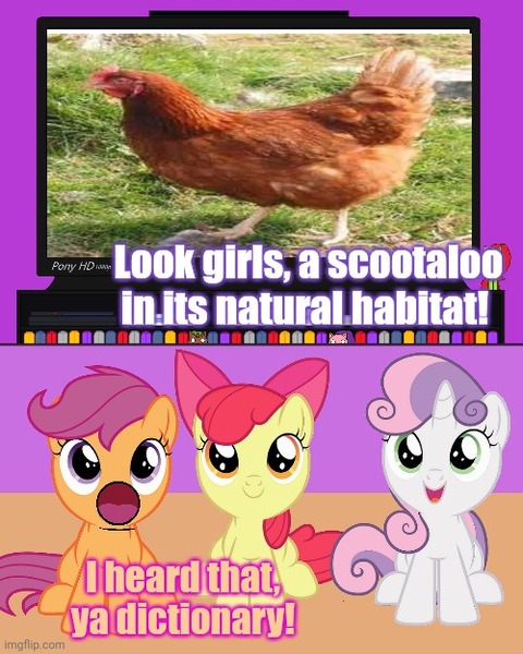 Size: 500x625 | Tagged: safe, derpibooru import, apple bloom, scootaloo, sweetie belle, bird, chicken, earth pony, pegasus, pony, unicorn, g4, cutie mark crusaders, female, filly, foal, horn, image, imgflip, irl, jpeg, photo