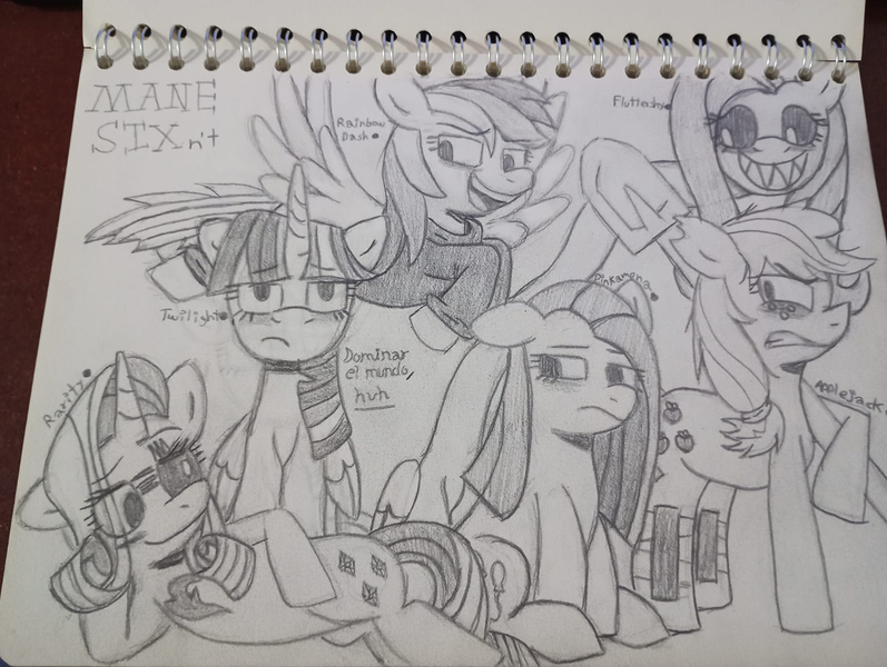 Size: 1600x1204 | Tagged: semi-grimdark, artist:rosa ushiromiya, derpibooru import, applejack, fluttershy, pinkie pie, rainbow dash, rarity, twilight sparkle, earth pony, pegasus, pony, unicorn, fanfic:an apple sleep experiment, fanfic:cupcakes, fanfic:let her in, fanfic:rainbow factory, lil-miss rarity, g4, fanfic art, female, horn, image, mare, png, spanish, traditional art